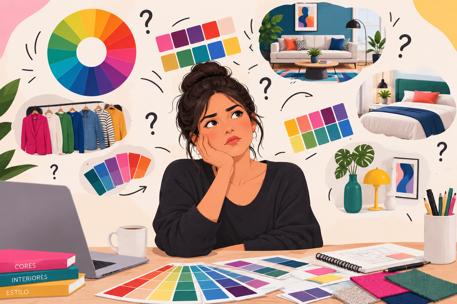 Mulher pensativa com dúvidas sobre cores, interiores e looks